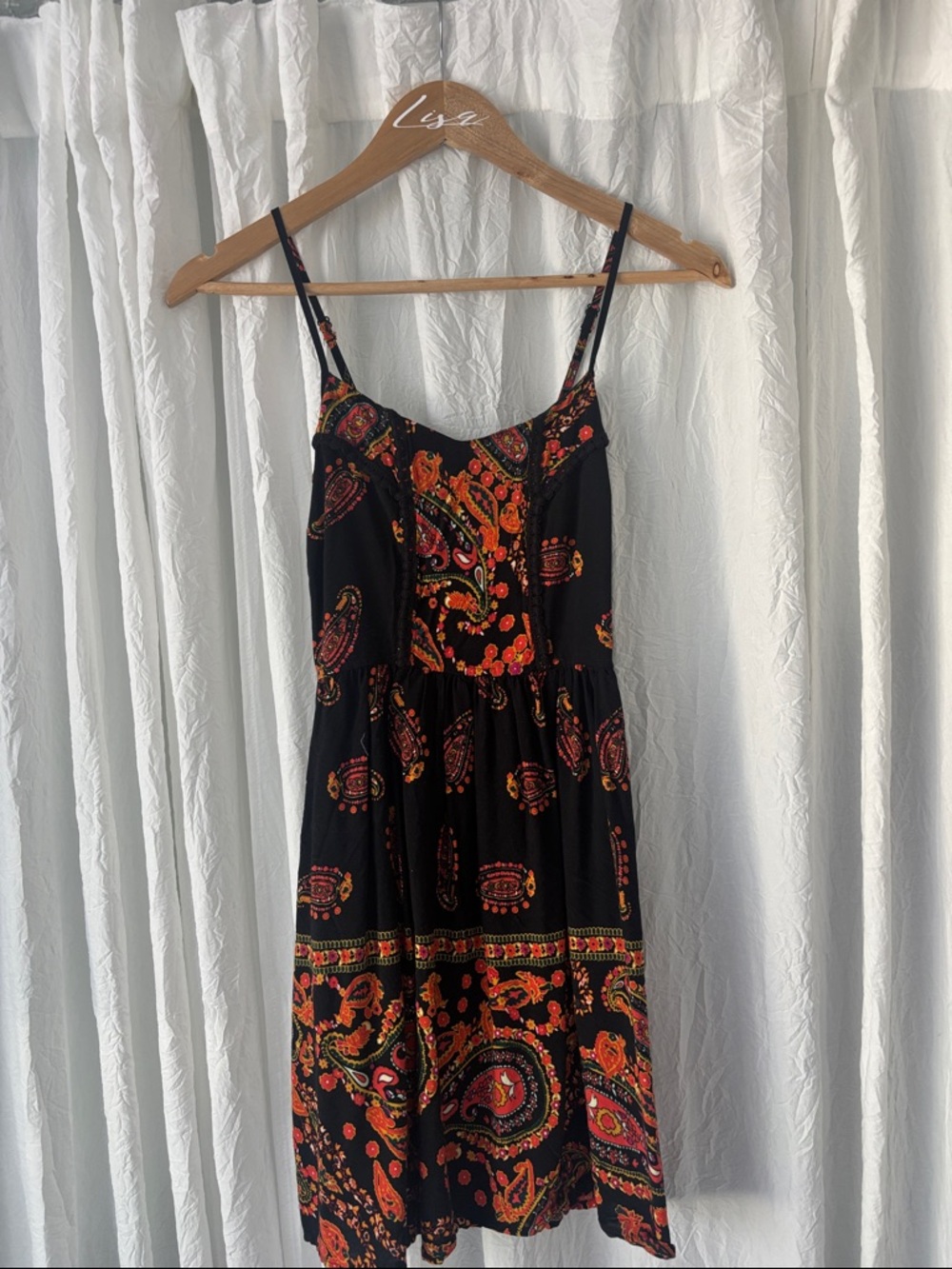Band of Gypsies Black Midi Dress with Orange and Red Paisley